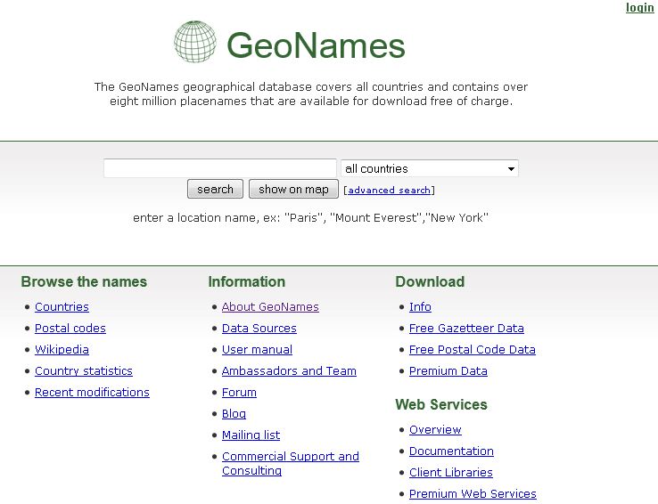 Screenshot der Startseite von GeoNames