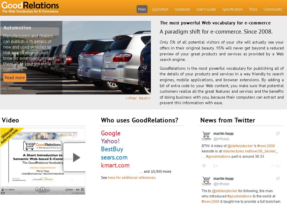 Screenshot der Projektseite von GoodRelations