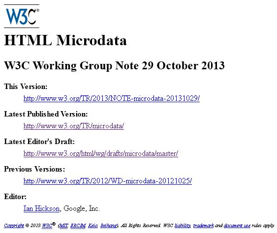 Screenshot der Startseite von HTML Microdata auf W3C