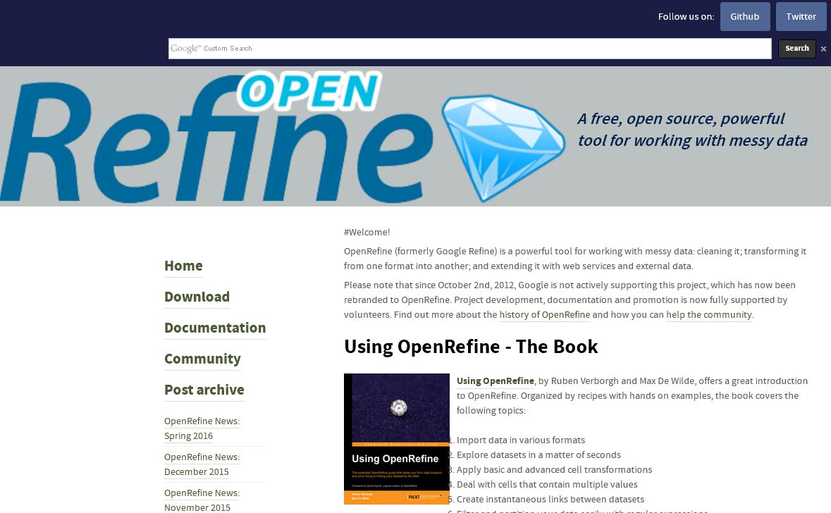 Screenshot der Startseite von OpenRefine