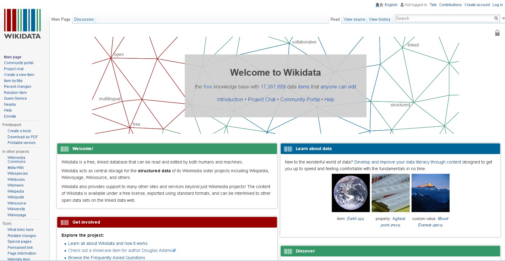 Screenshot der Startseite von Wikidata